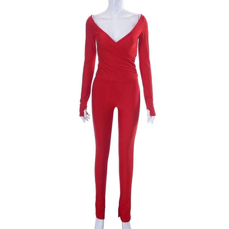 2023 Autumn Sexy V-neck Long Sleeve Tops High Waist Long Pants Two Piece Set for Women Elegant Party Night Club Suit Streetwear - KIMLUD