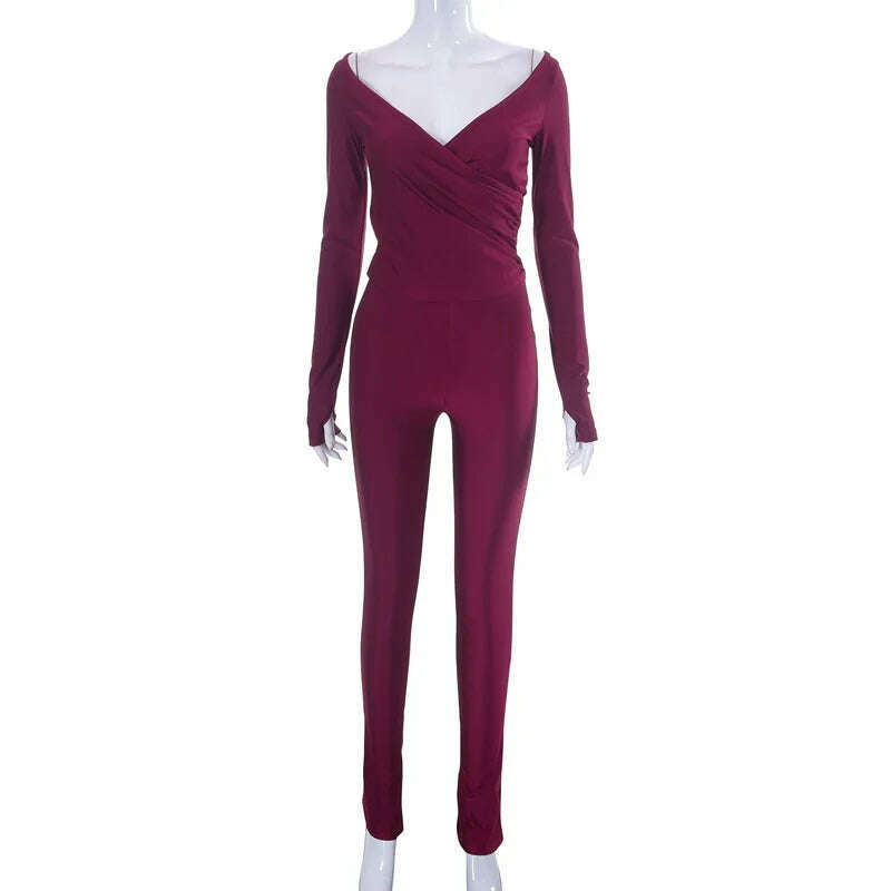 2023 Autumn Sexy V-neck Long Sleeve Tops High Waist Long Pants Two Piece Set for Women Elegant Party Night Club Suit Streetwear - KIMLUD