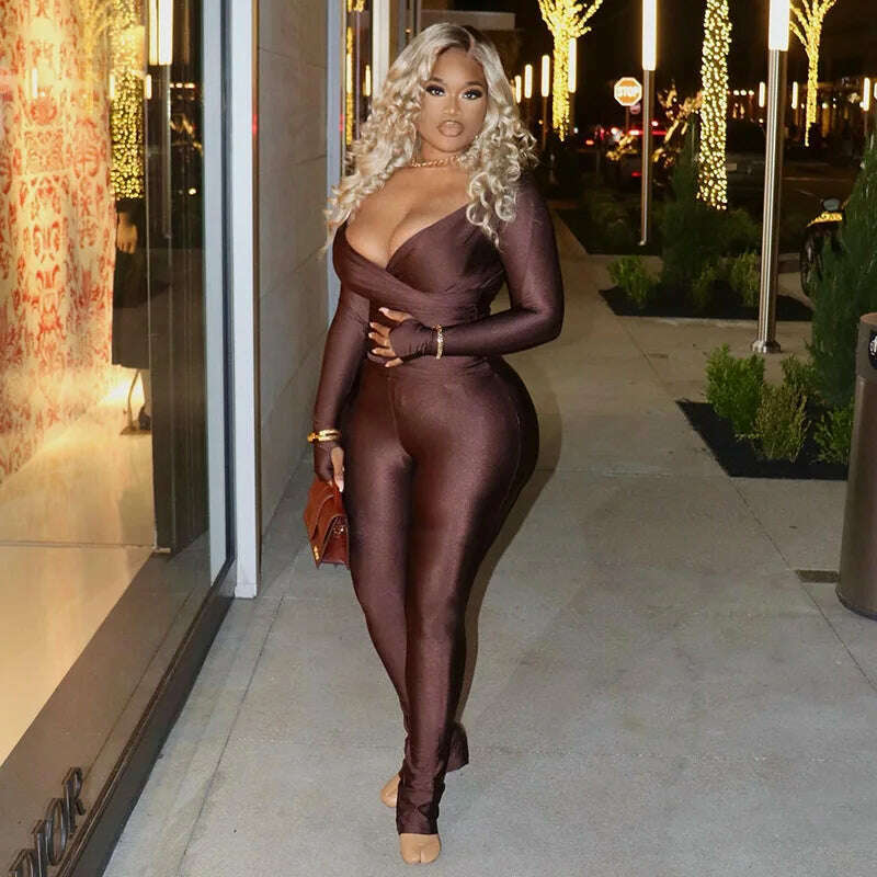 2023 Autumn Sexy V-neck Long Sleeve Tops High Waist Long Pants Two Piece Set for Women Elegant Party Night Club Suit Streetwear - KIMLUD