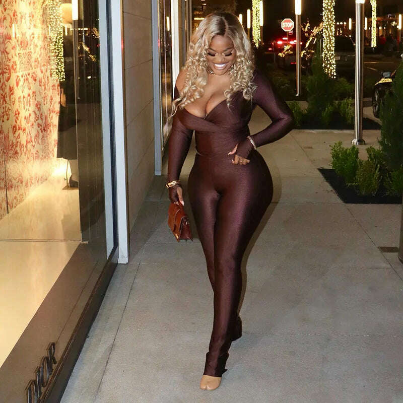 2023 Autumn Sexy V-neck Long Sleeve Tops High Waist Long Pants Two Piece Set for Women Elegant Party Night Club Suit Streetwear - KIMLUD