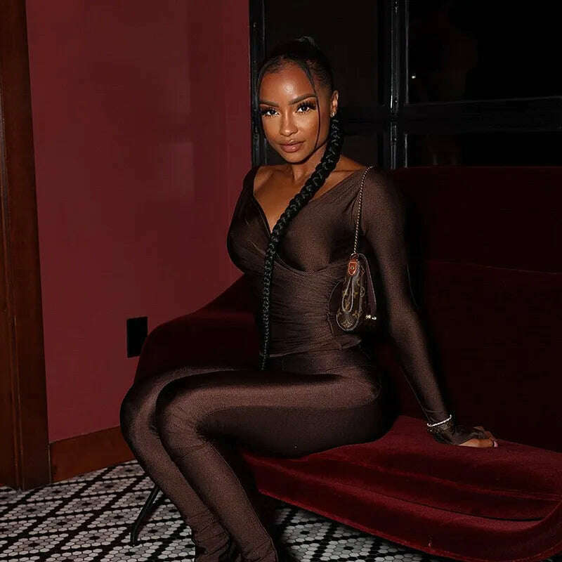 2023 Autumn Sexy V-neck Long Sleeve Tops High Waist Long Pants Two Piece Set for Women Elegant Party Night Club Suit Streetwear - KIMLUD