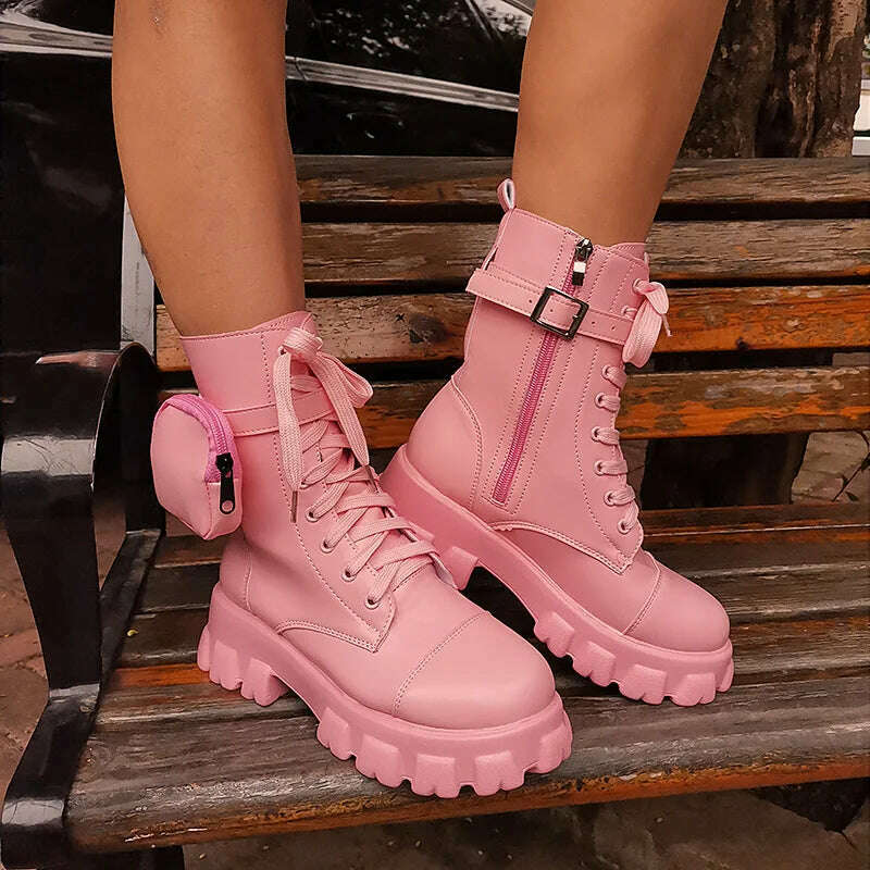 2023 Autumn Winter Bootie Pocket Buckle Strap Pink Chunky Boots Leather Patchwork Arrival Platform Boots Mid-calf Cross-tied - KIMLUD