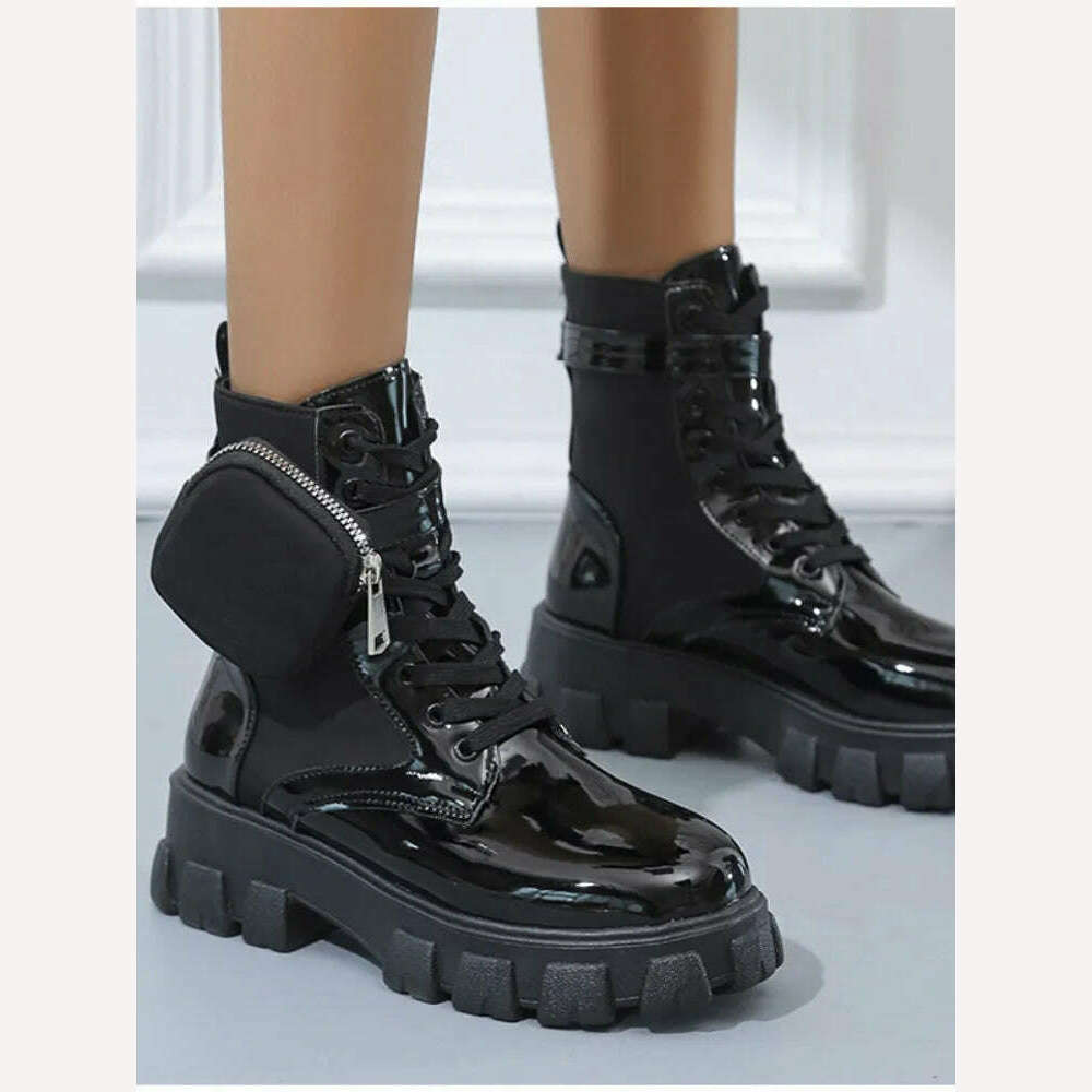 2023 Autumn Winter Bootie Pocket Buckle Strap Pink Chunky Boots Leather Patchwork Arrival Platform Boots Mid-calf Cross-tied - KIMLUD