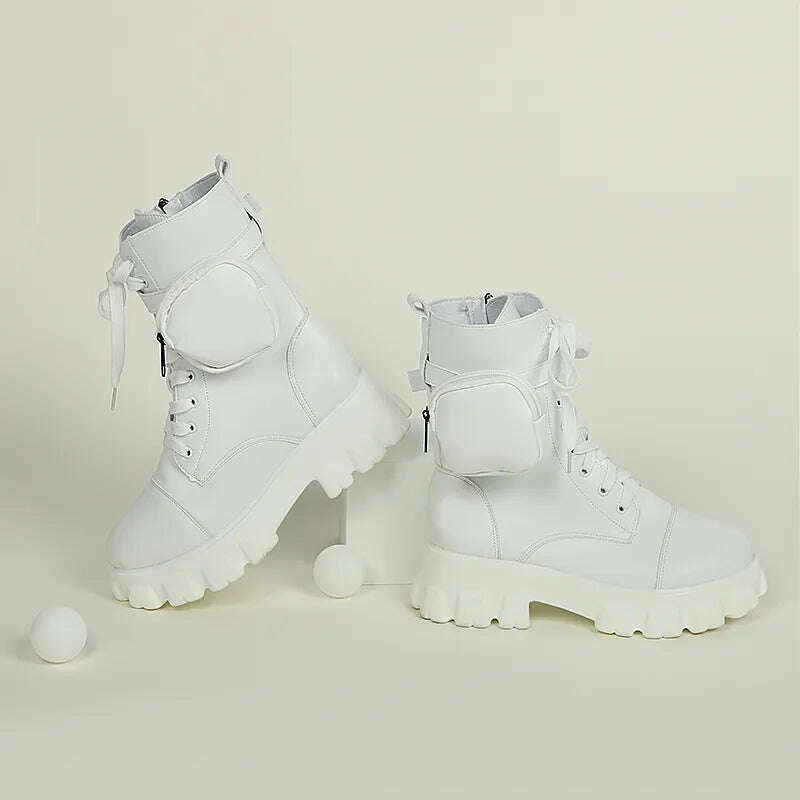 2023 Autumn Winter Bootie Pocket Buckle Strap Pink Chunky Boots Leather Patchwork Arrival Platform Boots Mid-calf Cross-tied - KIMLUD