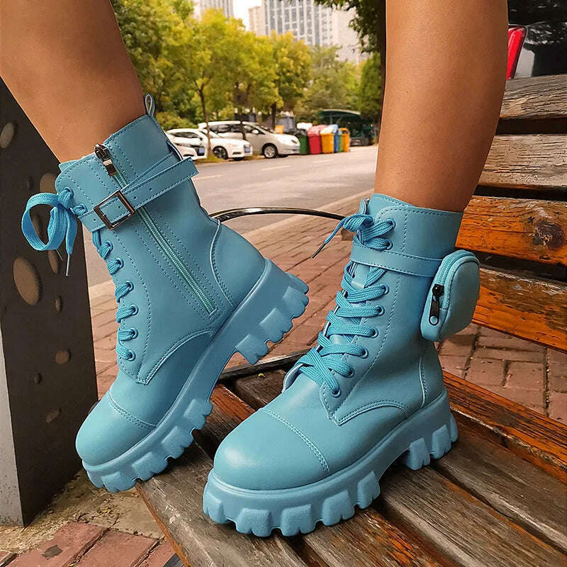 2023 Autumn Winter Bootie Pocket Buckle Strap Pink Chunky Boots Leather Patchwork Arrival Platform Boots Mid-calf Cross-tied - KIMLUD