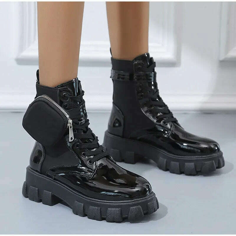 2023 Autumn Winter Bootie Pocket Buckle Strap Pink Chunky Boots Leather Patchwork Arrival Platform Boots Mid-calf Cross-tied - KIMLUD