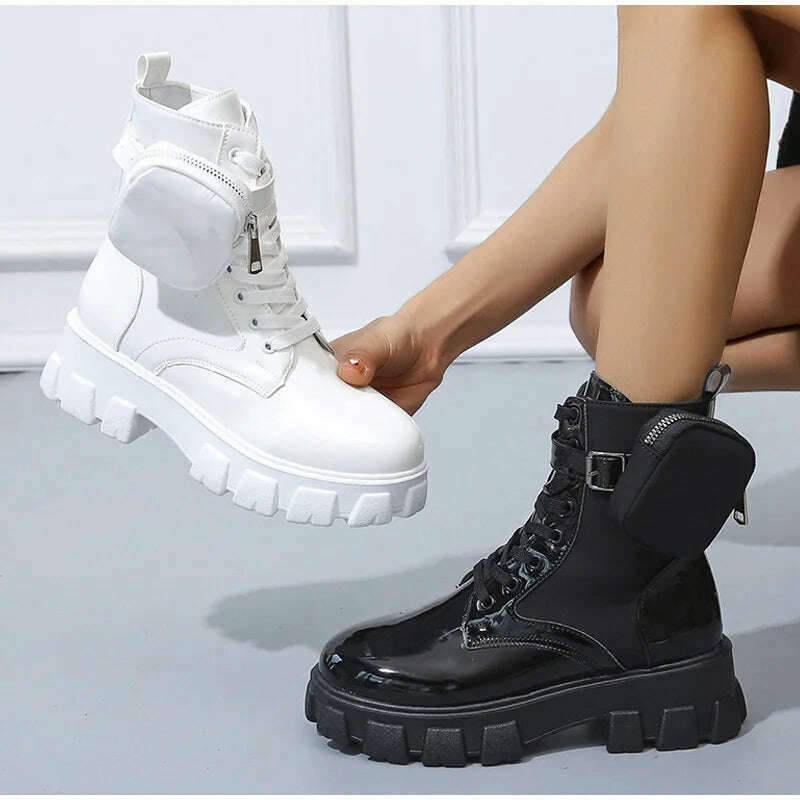2023 Autumn Winter Bootie Pocket Buckle Strap Pink Chunky Boots Leather Patchwork Arrival Platform Boots Mid-calf Cross-tied - KIMLUD