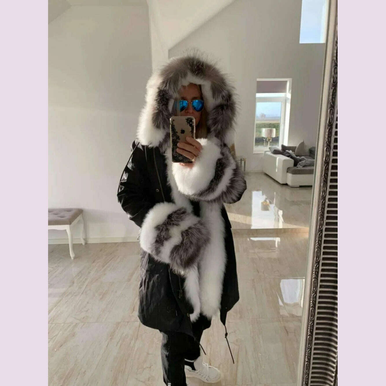Natural Real Fox Fur Jacke Coat Real Fox Fur Collar Cuff Hooded Coat - KIMLUD
