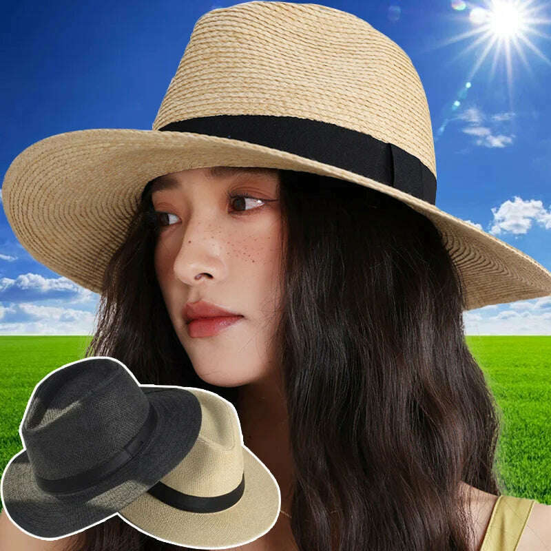 2023 Summer Sunscreen Straw Sun Hat Beach Vacation Panama Handwoven Straw Caps Men Women Casual Sunshade Gangster Cap Bucket Hat - KIMLUD