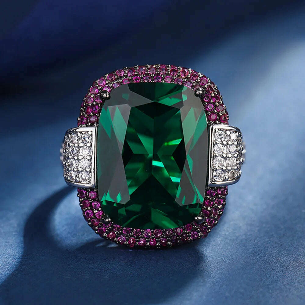 KIMLUD, 2023 Vintage 12*16MM Ruby Emerald Rings Lab Diamond Wedding Bands Gemstone Cocktail Party Fine Jewelry Female Anniversary Gifts, green / resizable, KIMLUD APPAREL - Womens Clothes