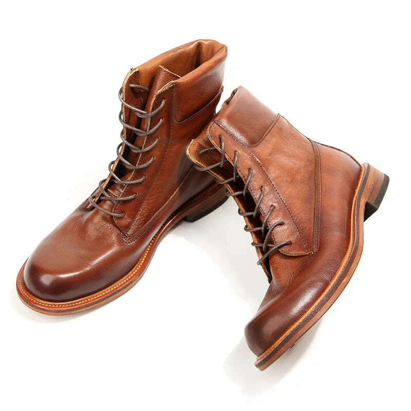 2023 Vintage Handmade Men Boots British Luxury Cow Leather Shoes Quality Round Toe Classic Autumn Ankle Casual Platform Boots - KIMLUD
