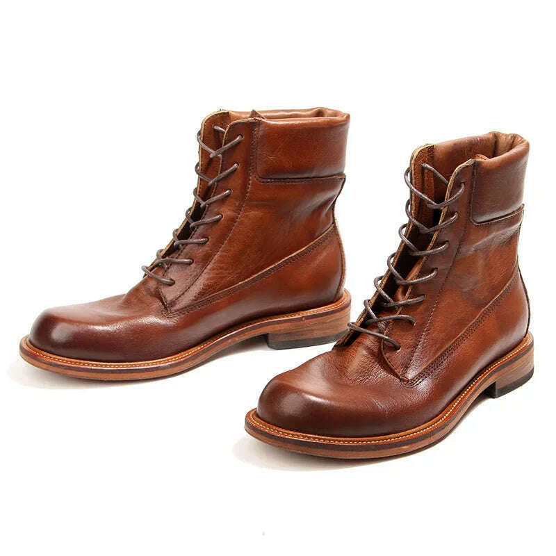 2023 Vintage Handmade Men Boots British Luxury Cow Leather Shoes Quality Round Toe Classic Autumn Ankle Casual Platform Boots - KIMLUD