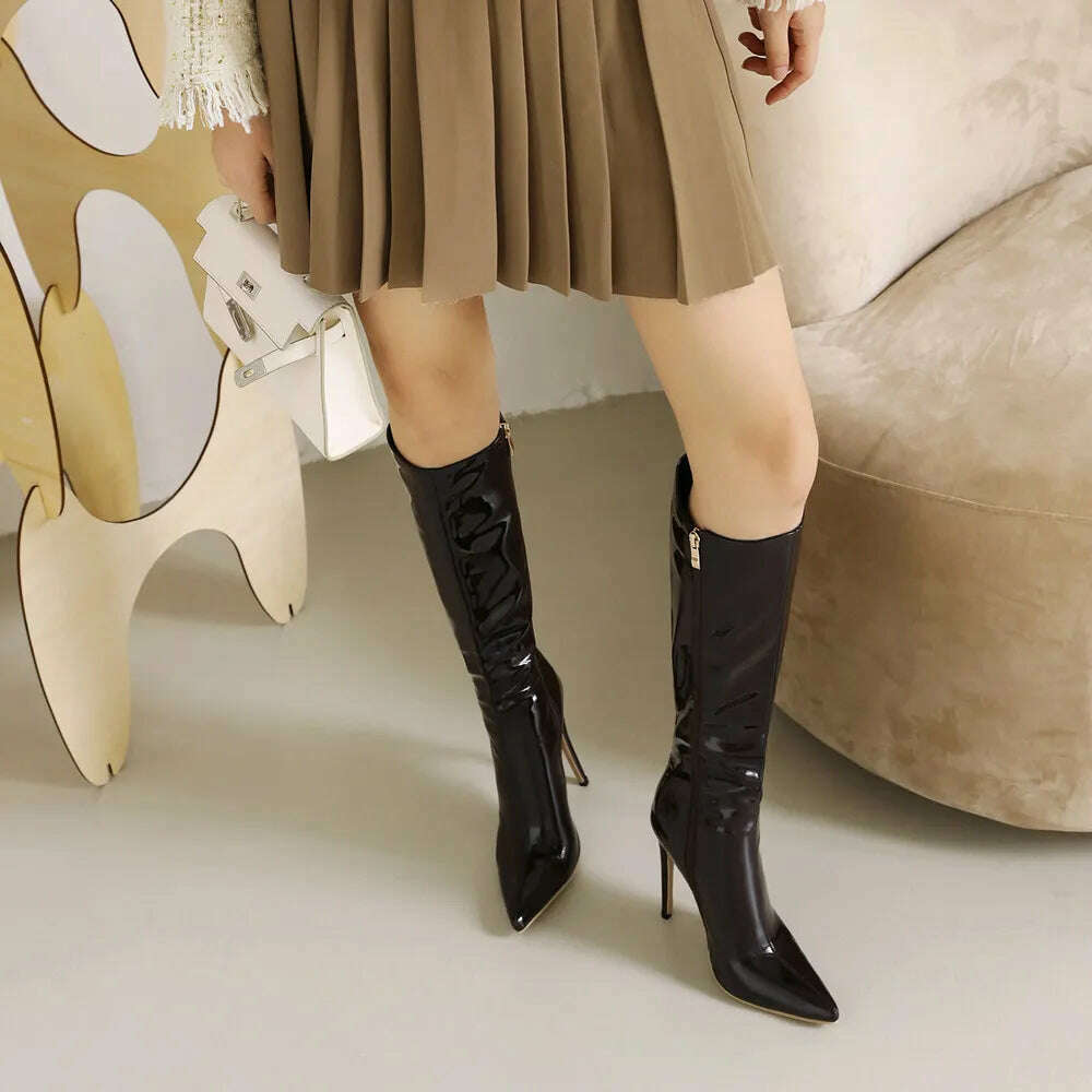 2023 Winter Women Knee High Modern Boots Patent Leather Big Size 34~46 Sexy Stiletto PU Party Shoes Botas De Invierno Para Mujer - KIMLUD