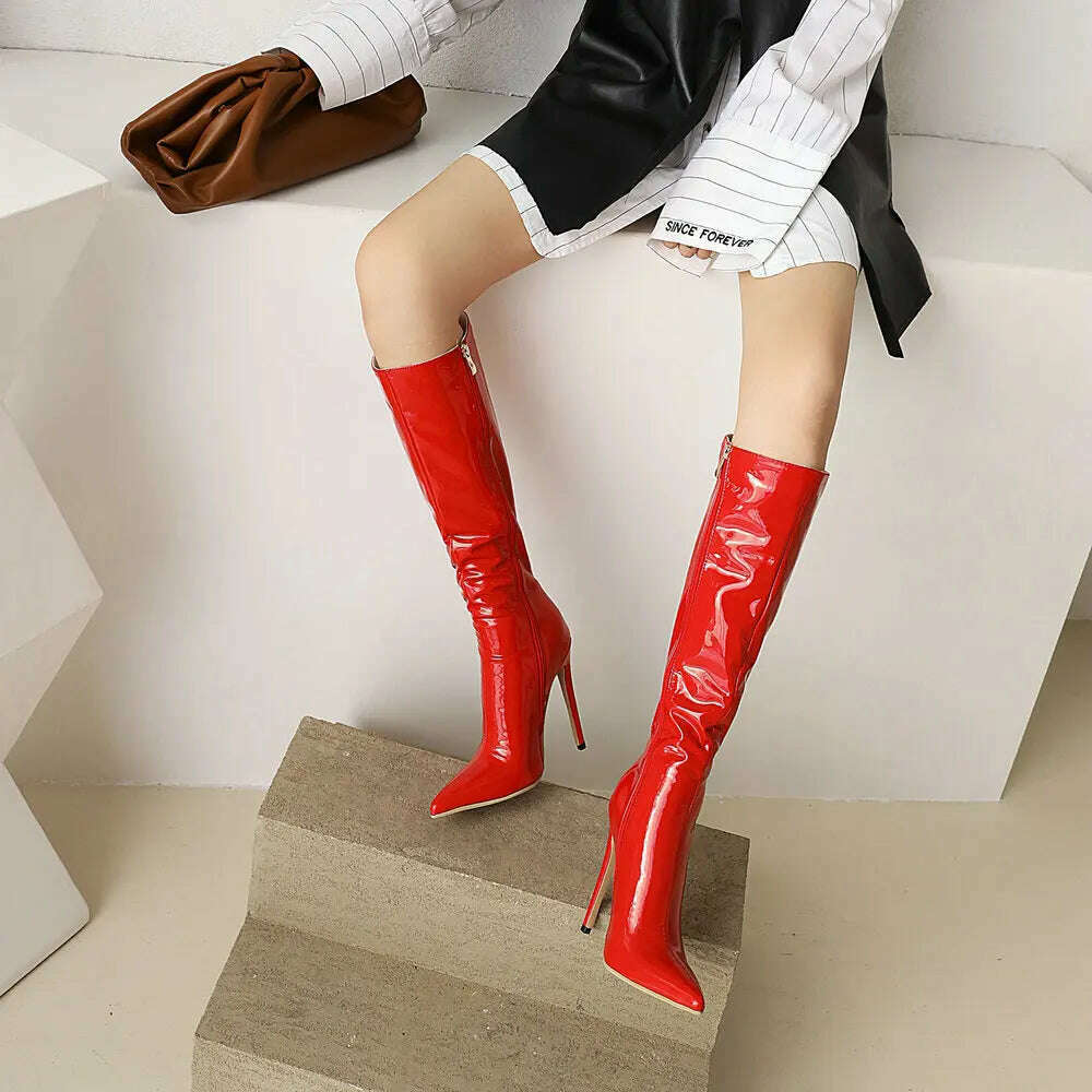 2023 Winter Women Knee High Modern Boots Patent Leather Big Size 34~46 Sexy Stiletto PU Party Shoes Botas De Invierno Para Mujer - KIMLUD