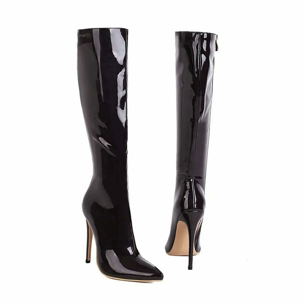 2023 Winter Women Knee High Modern Boots Patent Leather Big Size 34~46 Sexy Stiletto PU Party Shoes Botas De Invierno Para Mujer - KIMLUD