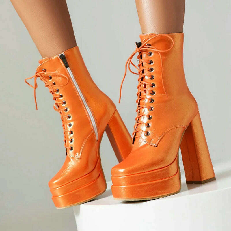 2023 Women Ankle Boots Platform Thick High Heel Ladies Short Boots PU Leather Fashion Square Toe Zipper Women's Boots Big Size - KIMLUD