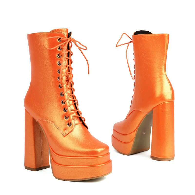 2023 Women Ankle Boots Platform Thick High Heel Ladies Short Boots PU Leather Fashion Square Toe Zipper Women's Boots Big Size - KIMLUD