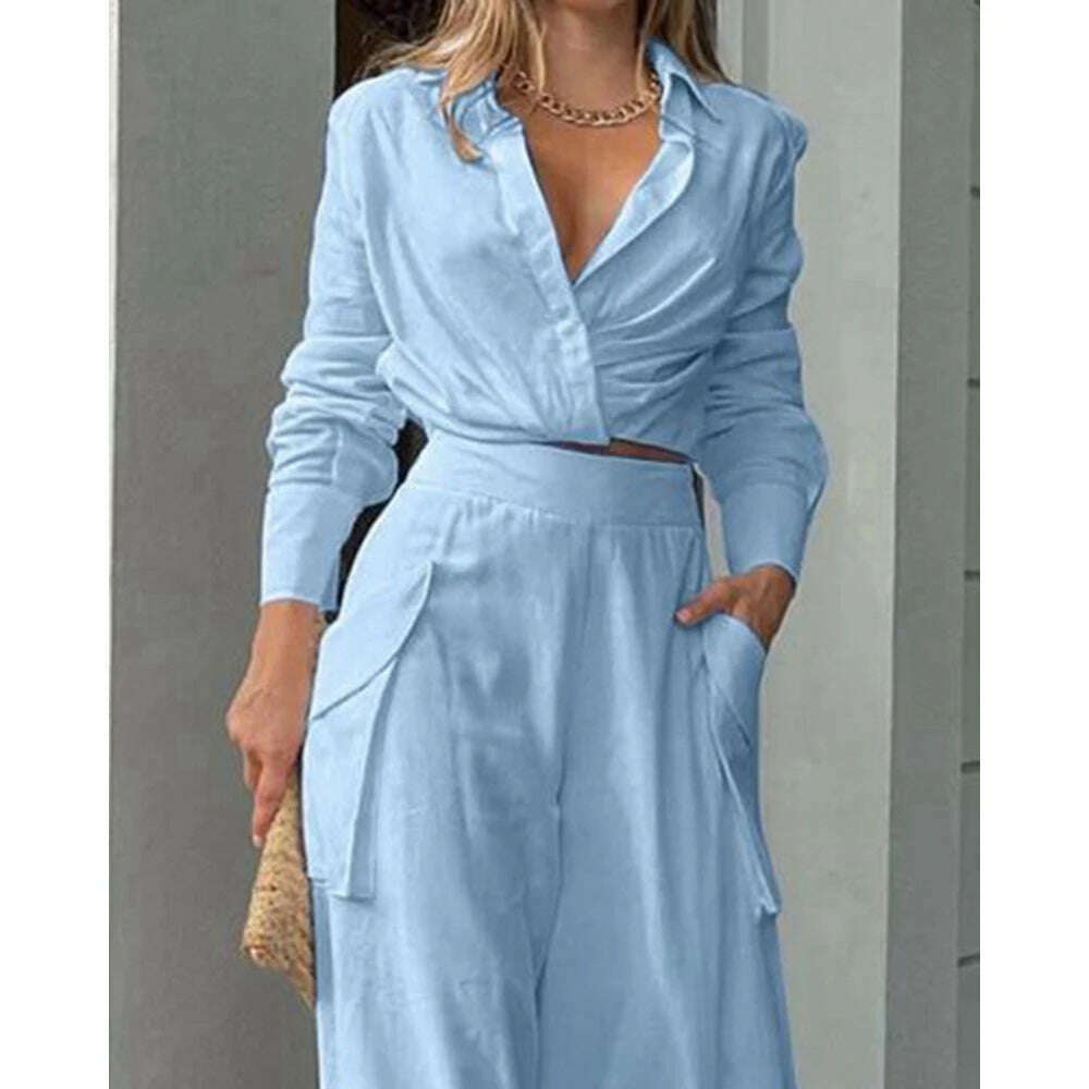2023 Women Solid Long Sleeve Ruched Crop Shirt & High Waist Pants Work Suit Sets Female V-Neck Top 2 Pieces Suit Sets Casual - KIMLUD