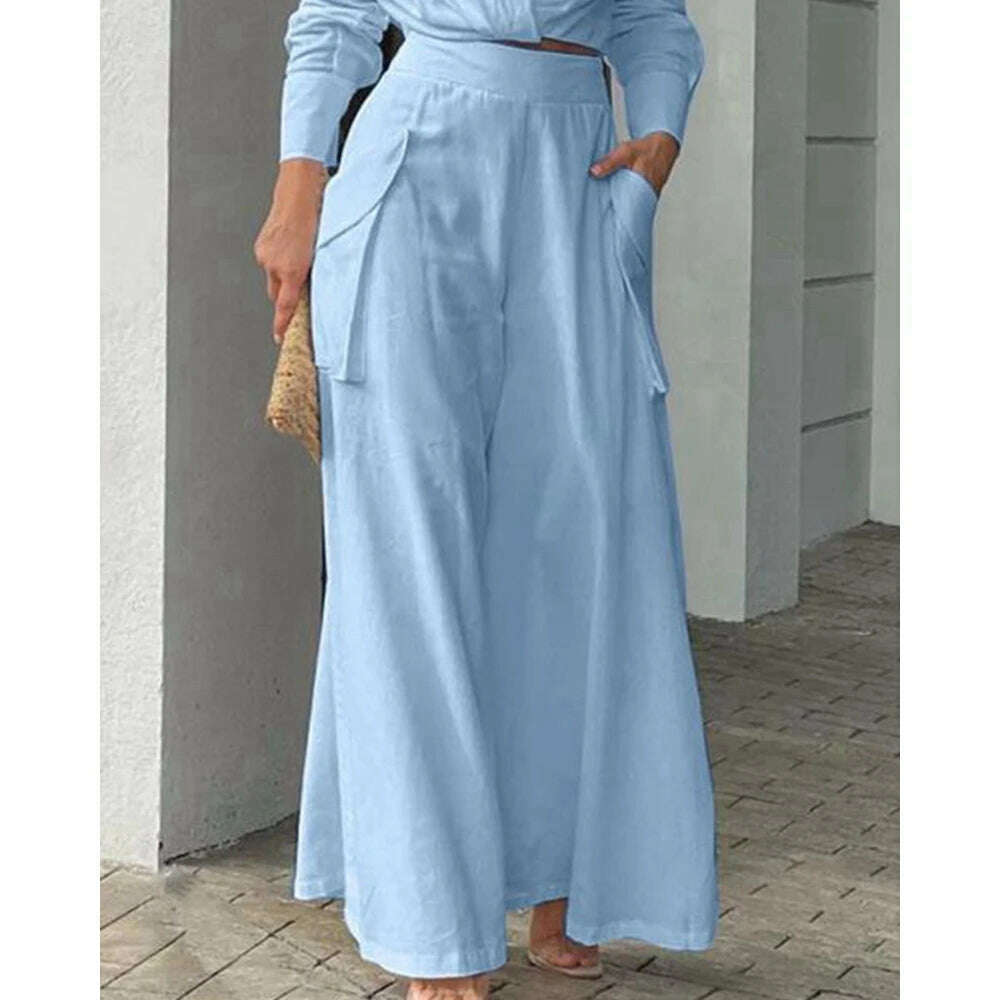 2023 Women Solid Long Sleeve Ruched Crop Shirt & High Waist Pants Work Suit Sets Female V-Neck Top 2 Pieces Suit Sets Casual - KIMLUD