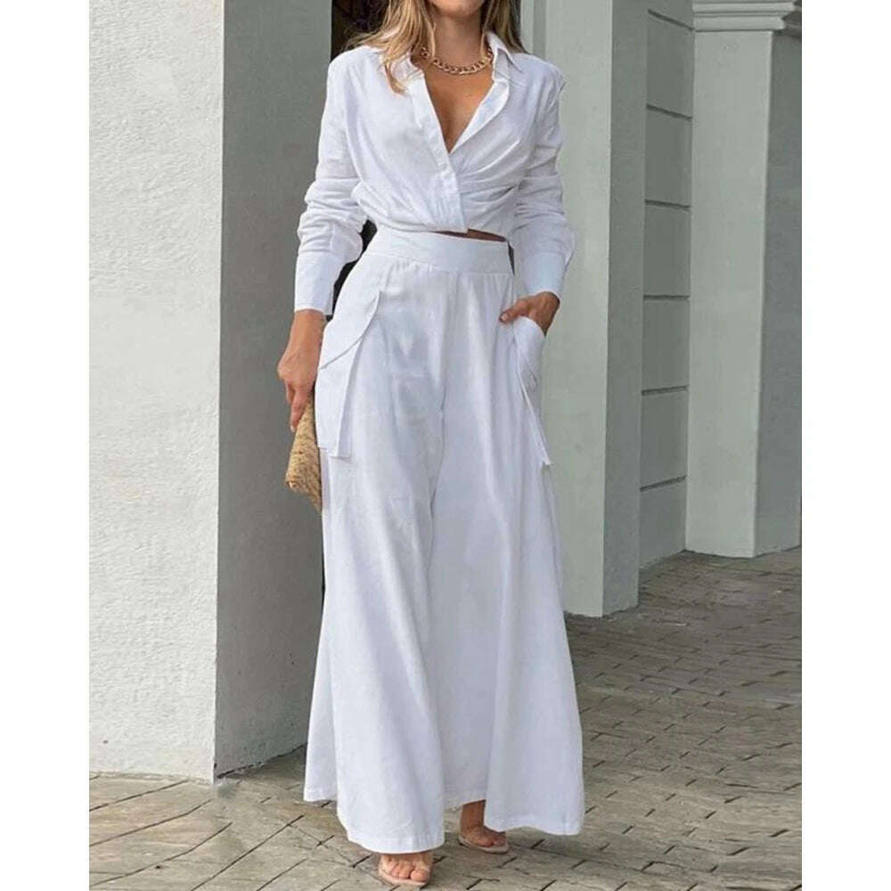 2023 Women Solid Long Sleeve Ruched Crop Shirt & High Waist Pants Work Suit Sets Female V-Neck Top 2 Pieces Suit Sets Casual - KIMLUD