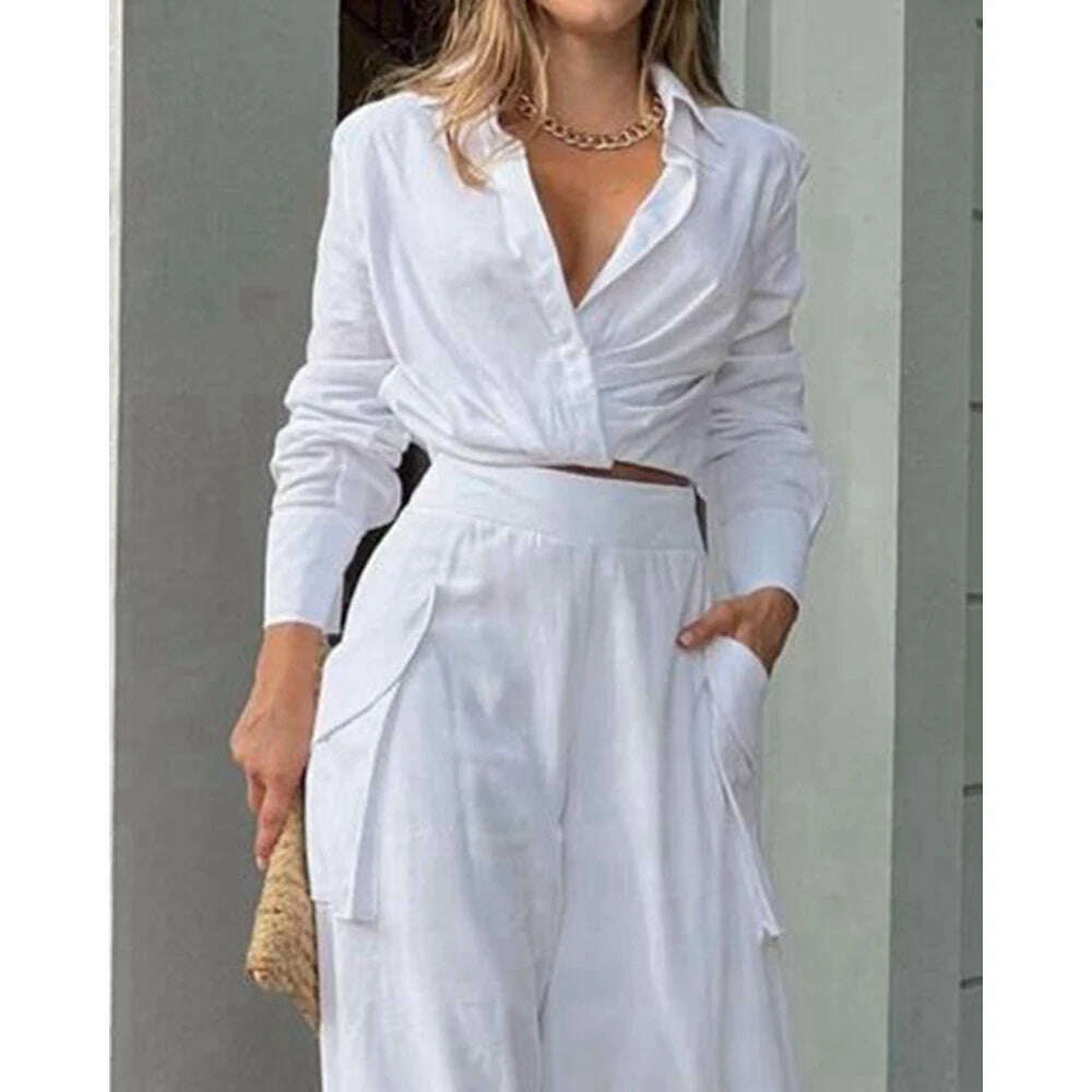 2023 Women Solid Long Sleeve Ruched Crop Shirt & High Waist Pants Work Suit Sets Female V-Neck Top 2 Pieces Suit Sets Casual - KIMLUD