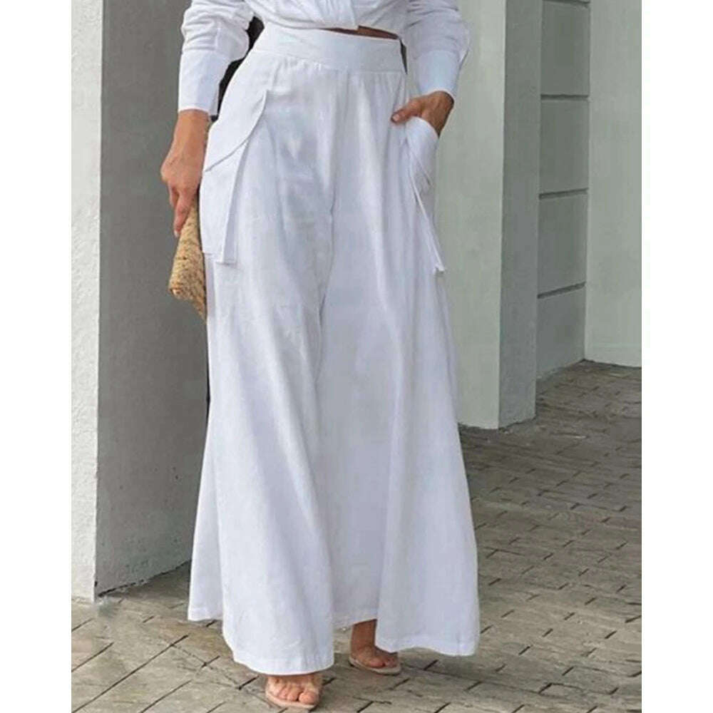 2023 Women Solid Long Sleeve Ruched Crop Shirt & High Waist Pants Work Suit Sets Female V-Neck Top 2 Pieces Suit Sets Casual - KIMLUD
