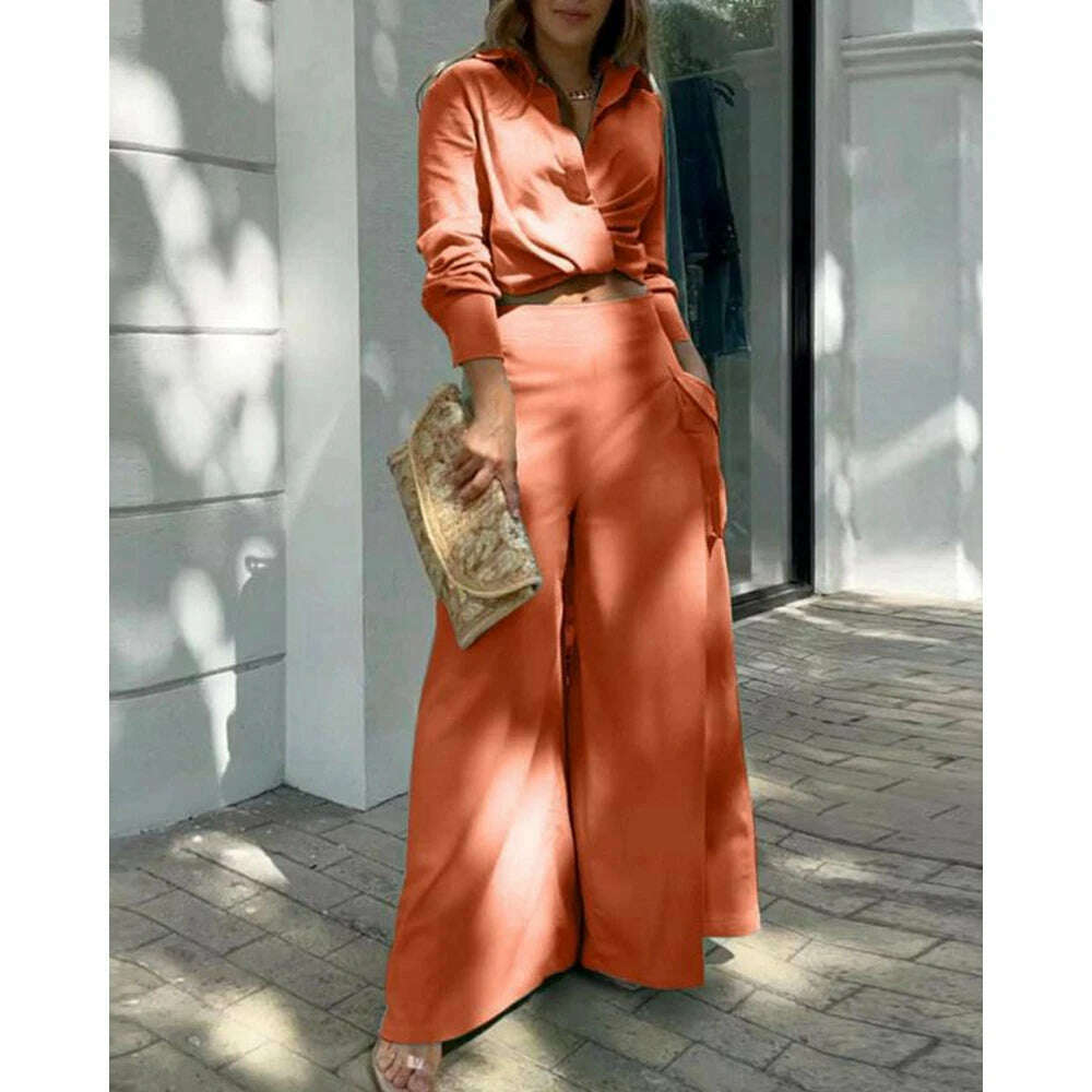 2023 Women Solid Long Sleeve Ruched Crop Shirt & High Waist Pants Work Suit Sets Female V-Neck Top 2 Pieces Suit Sets Casual - KIMLUD