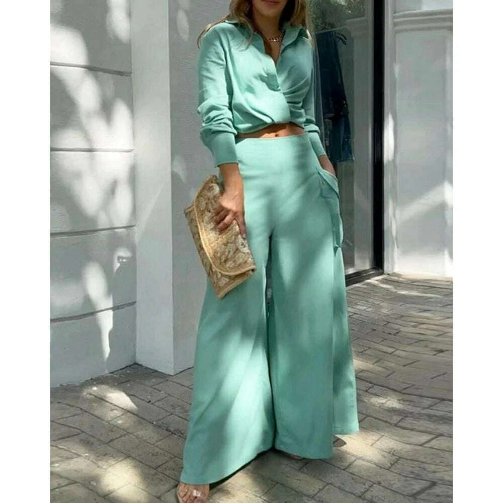 2023 Women Solid Long Sleeve Ruched Crop Shirt & High Waist Pants Work Suit Sets Female V-Neck Top 2 Pieces Suit Sets Casual - KIMLUD