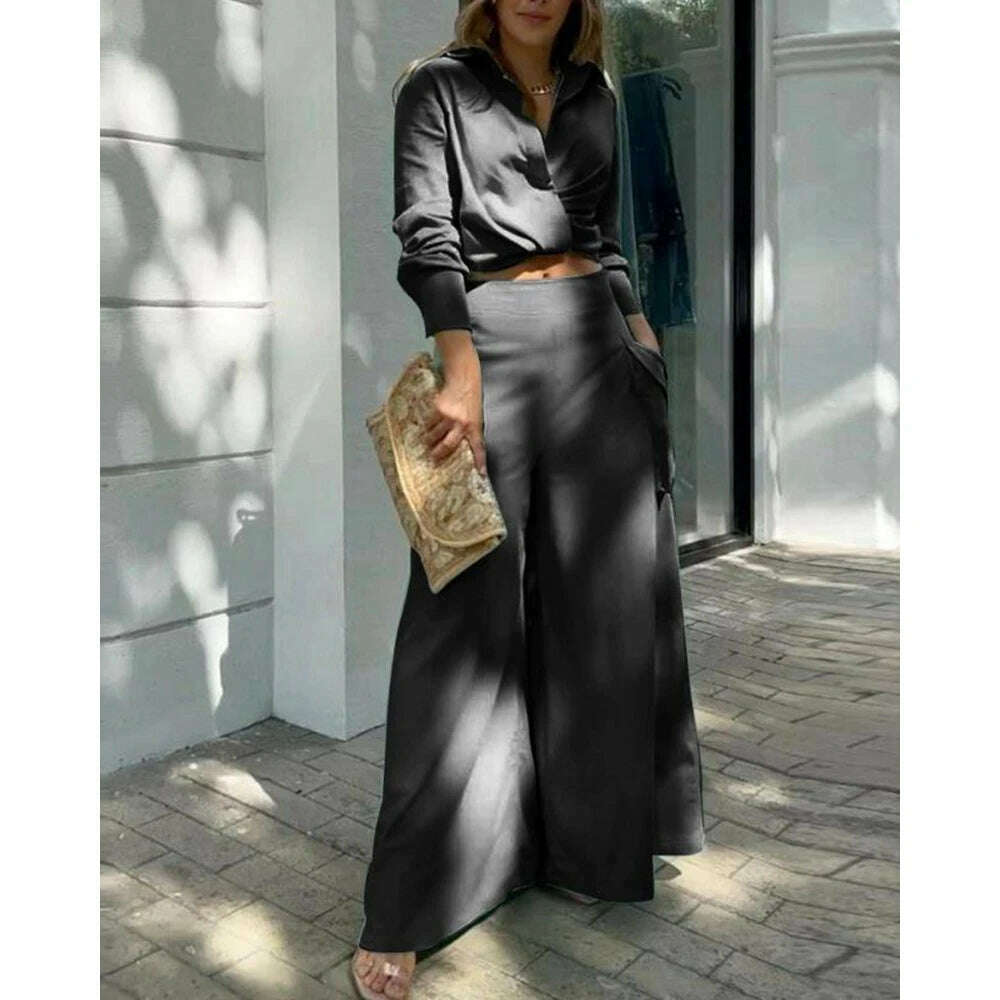 2023 Women Solid Long Sleeve Ruched Crop Shirt & High Waist Pants Work Suit Sets Female V-Neck Top 2 Pieces Suit Sets Casual - KIMLUD