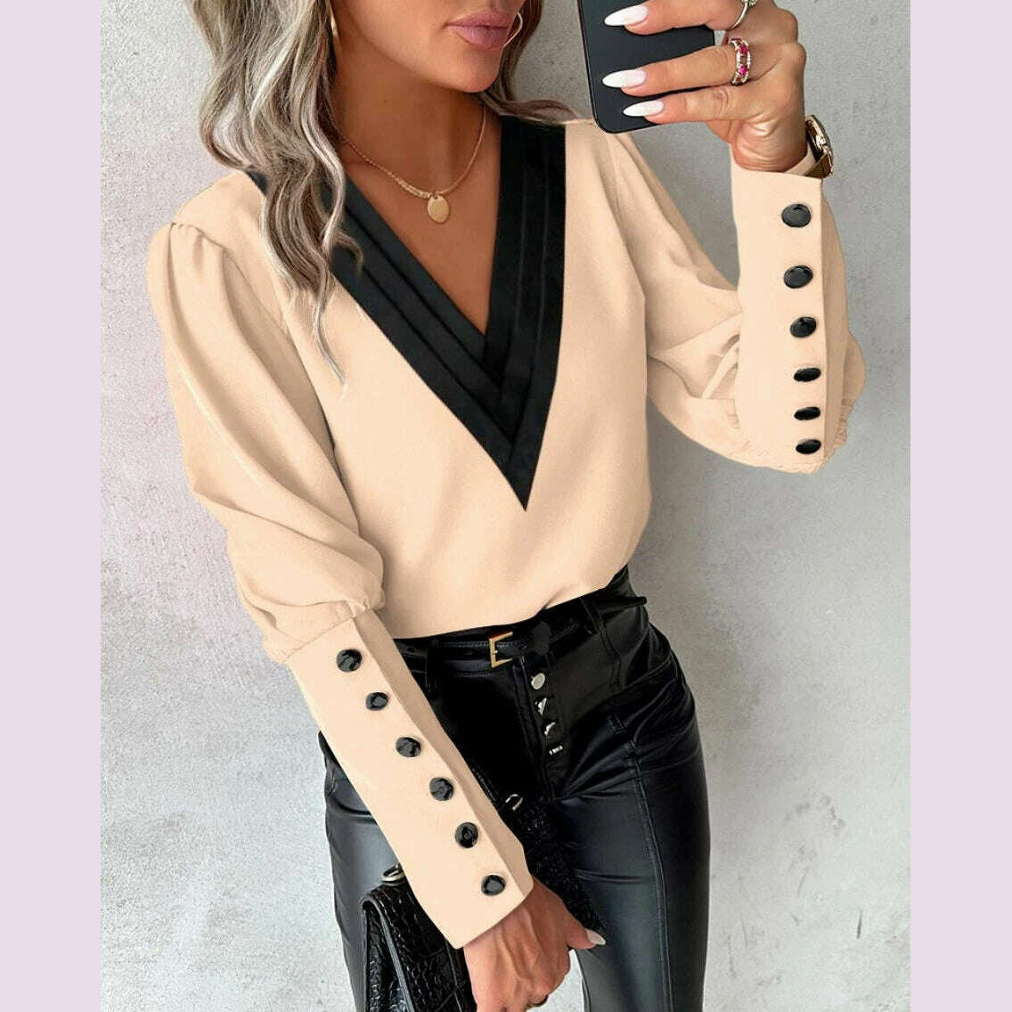 2024 Fashion V-neck Long Sleeve Lace Women Blouse Autumn Hollow Out Elegant Tops Office Lady Vintage Shirt Blouses Women Blouse - KIMLUD