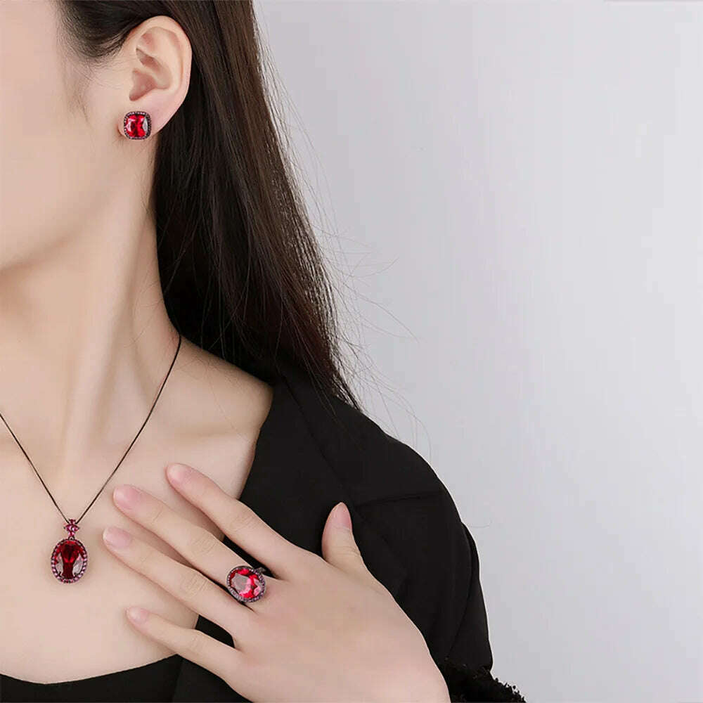 KIMLUD, 2024 New Vintage Blood Ruby Gemstone Necklace Pendant Ring Earrings Wedding Party Fine Jewelry Sets for Women Anniversary Gift, KIMLUD Womens Clothes