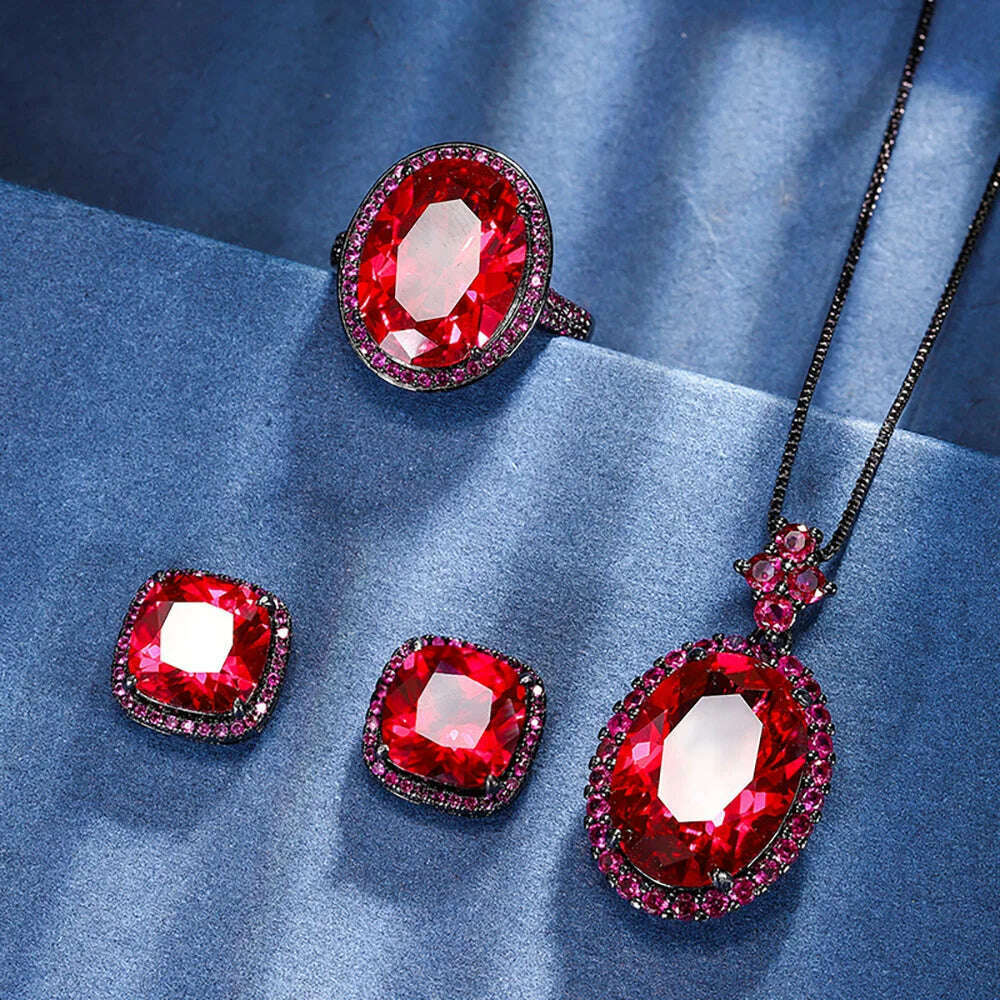 KIMLUD, 2024 New Vintage Blood Ruby Gemstone Necklace Pendant Ring Earrings Wedding Party Fine Jewelry Sets for Women Anniversary Gift, Jewelry set / resizable / 45cm, KIMLUD APPAREL - Womens Clothes