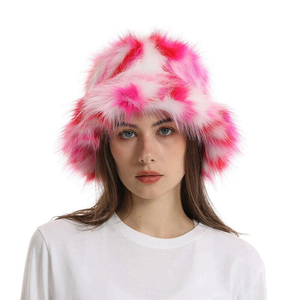 2024 New Winter Warm Faux Fur Bucket Hats For Women Outdoor Caps Soft Fleece Fisherman Cap Fluffy Earwarmer Ski Vacation Hats - KIMLUD