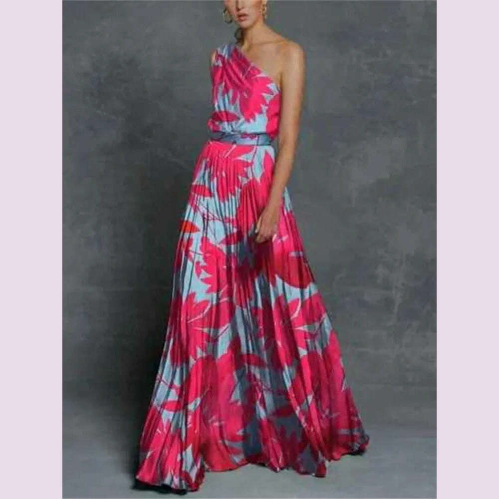 KIMLUD, 2024 Spring Summer New One Shoulder Dresses Women Splicing Print Off Shoulder Loose Long Dress Fashion Ladies Commuting Vestidos, KIMLUD Womens Clothes