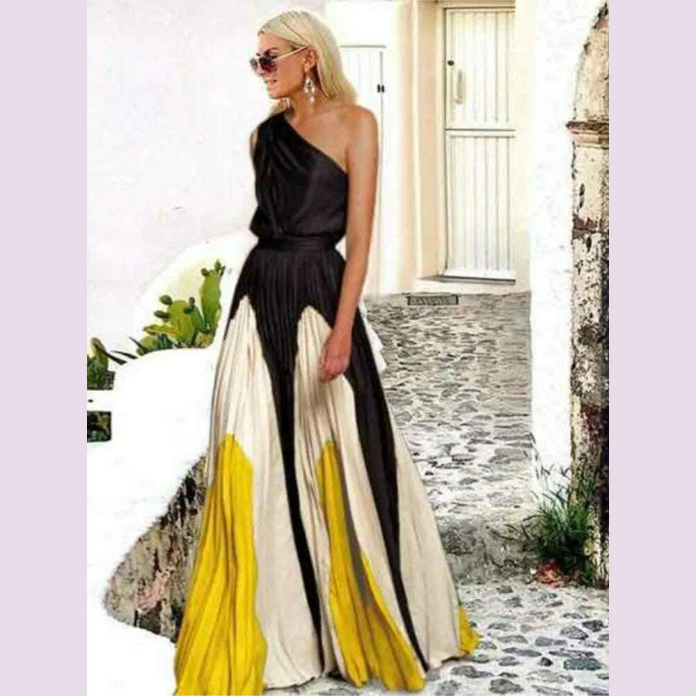 KIMLUD, 2024 Spring Summer New One Shoulder Dresses Women Splicing Print Off Shoulder Loose Long Dress Fashion Ladies Commuting Vestidos, KIMLUD Womens Clothes