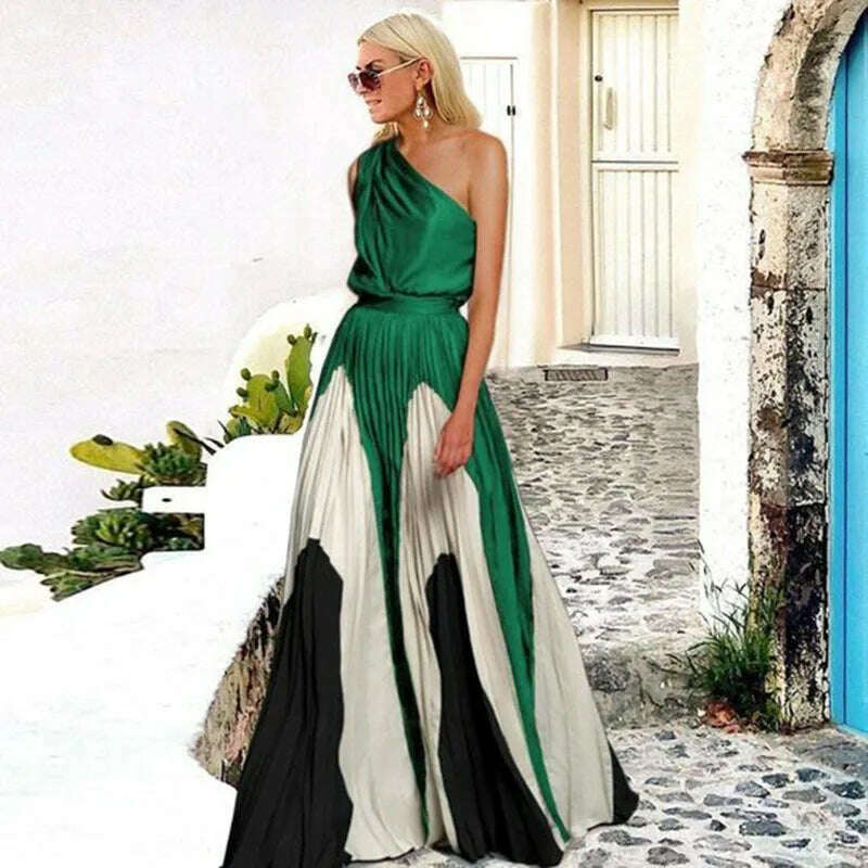 KIMLUD, 2024 Spring Summer New One Shoulder Dresses Women Splicing Print Off Shoulder Loose Long Dress Fashion Ladies Commuting Vestidos, KIMLUD Womens Clothes