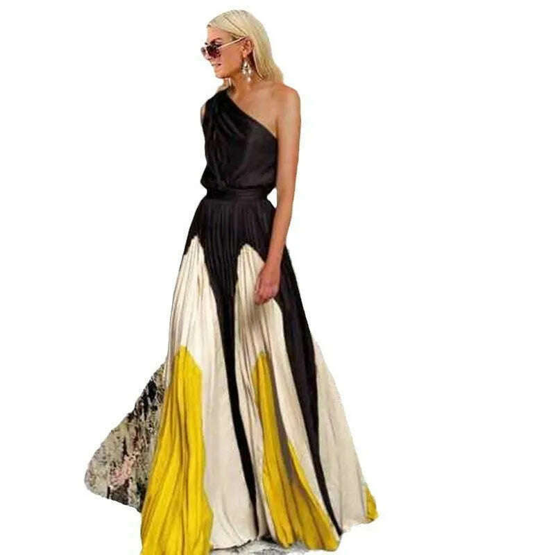 KIMLUD, 2024 Spring Summer New One Shoulder Dresses Women Splicing Print Off Shoulder Loose Long Dress Fashion Ladies Commuting Vestidos, KIMLUD Womens Clothes