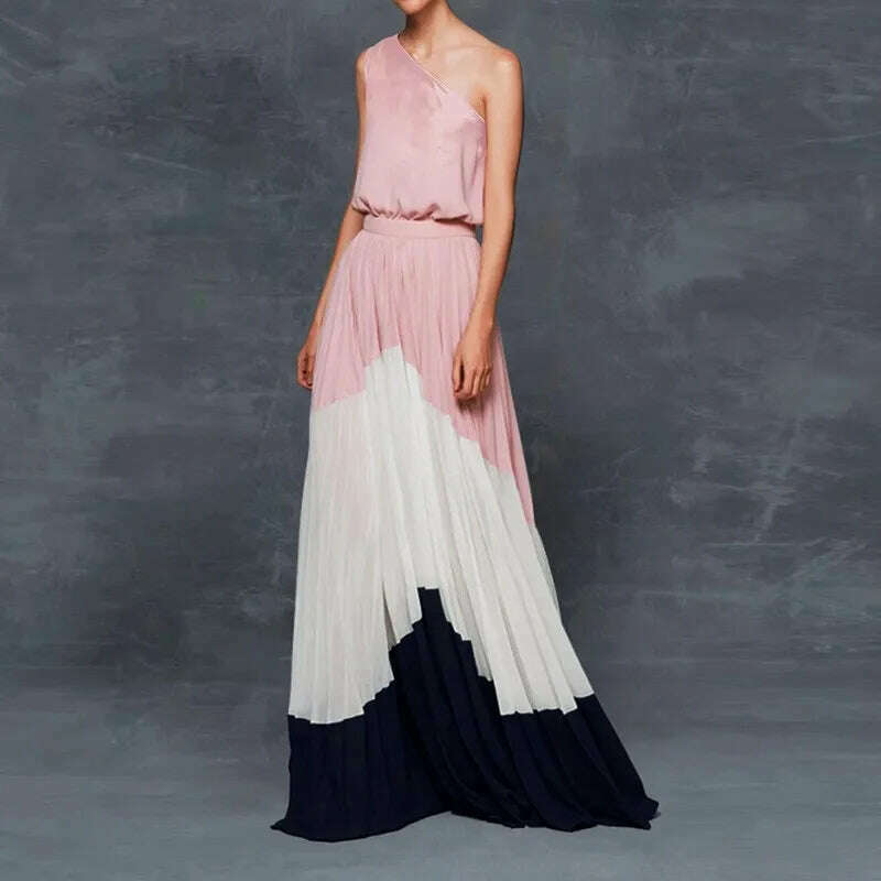 KIMLUD, 2024 Spring Summer New One Shoulder Dresses Women Splicing Print Off Shoulder Loose Long Dress Fashion Ladies Commuting Vestidos, Pink -black / L, KIMLUD APPAREL - Womens Clothes