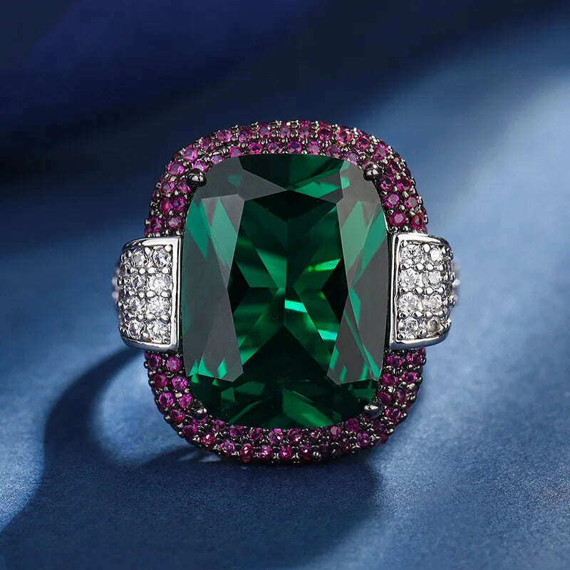 KIMLUD, 2024 Vintage 12*16MM Ruby Emerald Rings Lab Diamond Wedding Bands Gemstone Cocktail Party Fine Jewelry Female Anniversary Gifts, Green / resizable, KIMLUD APPAREL - Womens Clothes