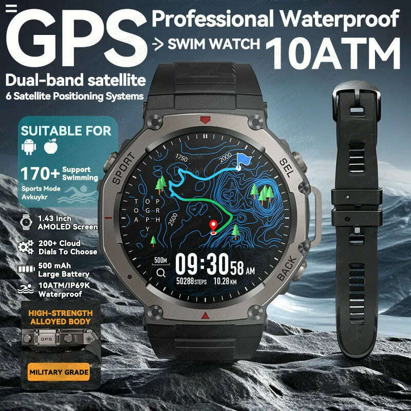KIMLUD, 2025 NEW For HUIAWE GPS Smart Watch Men 10ATM IP69K Waterproof Smart Watches Compass Altimeter Barometric 1.43'' AMOLED Bracelet, KIMLUD Womens Clothes