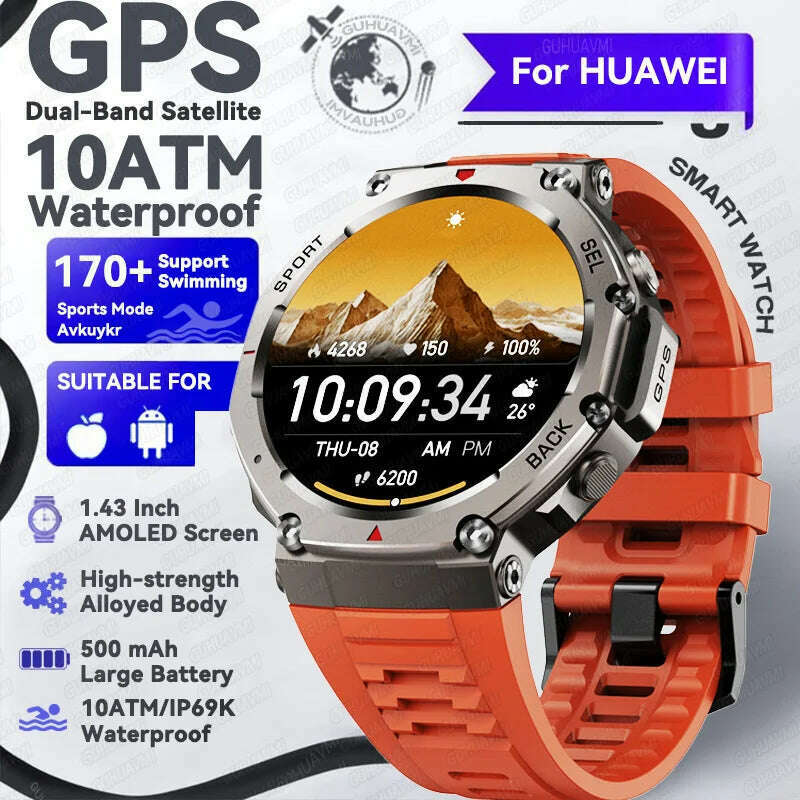 KIMLUD, 2025 NEW For HUIAWE GPS Smart Watch Men 10ATM IP69K Waterproof Smart Watches Compass Altimeter Barometric 1.43'' AMOLED Bracelet, Red / GPS Smart Watch, KIMLUD APPAREL - Womens Clothes