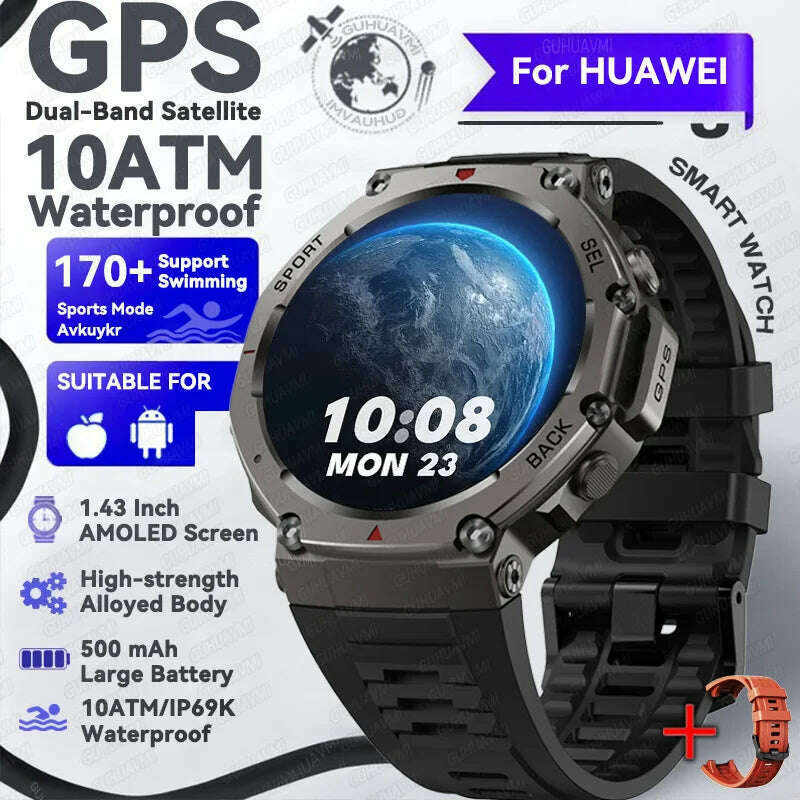 KIMLUD, 2025 NEW For HUIAWE GPS Smart Watch Men 10ATM IP69K Waterproof Smart Watches Compass Altimeter Barometric 1.43'' AMOLED Bracelet, Black silicone / GPS Smart Watch, KIMLUD APPAREL - Womens Clothes