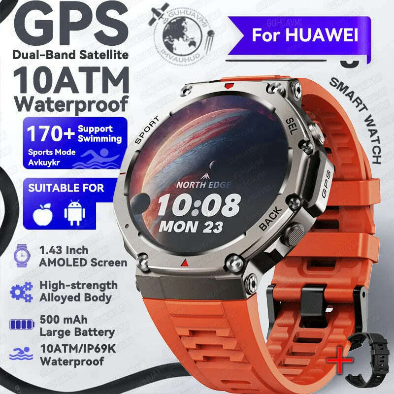 KIMLUD, 2025 NEW For HUIAWE GPS Smart Watch Men 10ATM IP69K Waterproof Smart Watches Compass Altimeter Barometric 1.43'' AMOLED Bracelet, Red silicone / GPS Smart Watch, KIMLUD APPAREL - Womens Clothes