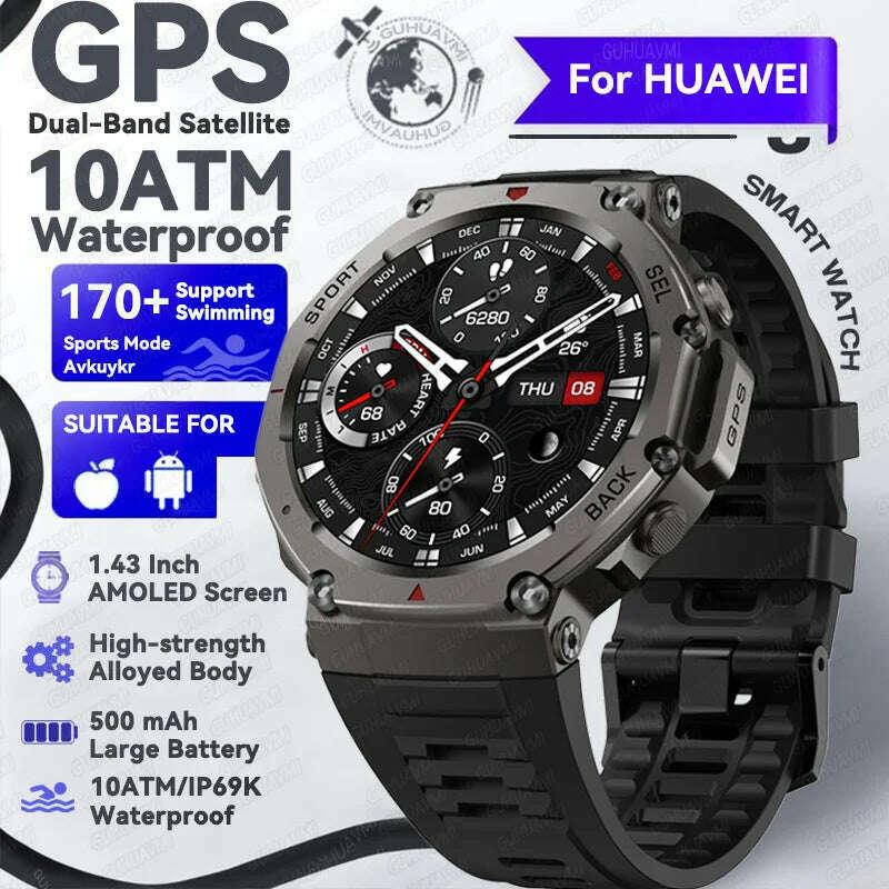 KIMLUD, 2025 NEW For HUIAWE GPS Smart Watch Men 10ATM IP69K Waterproof Smart Watches Compass Altimeter Barometric 1.43'' AMOLED Bracelet, Black / GPS Smart Watch, KIMLUD APPAREL - Womens Clothes