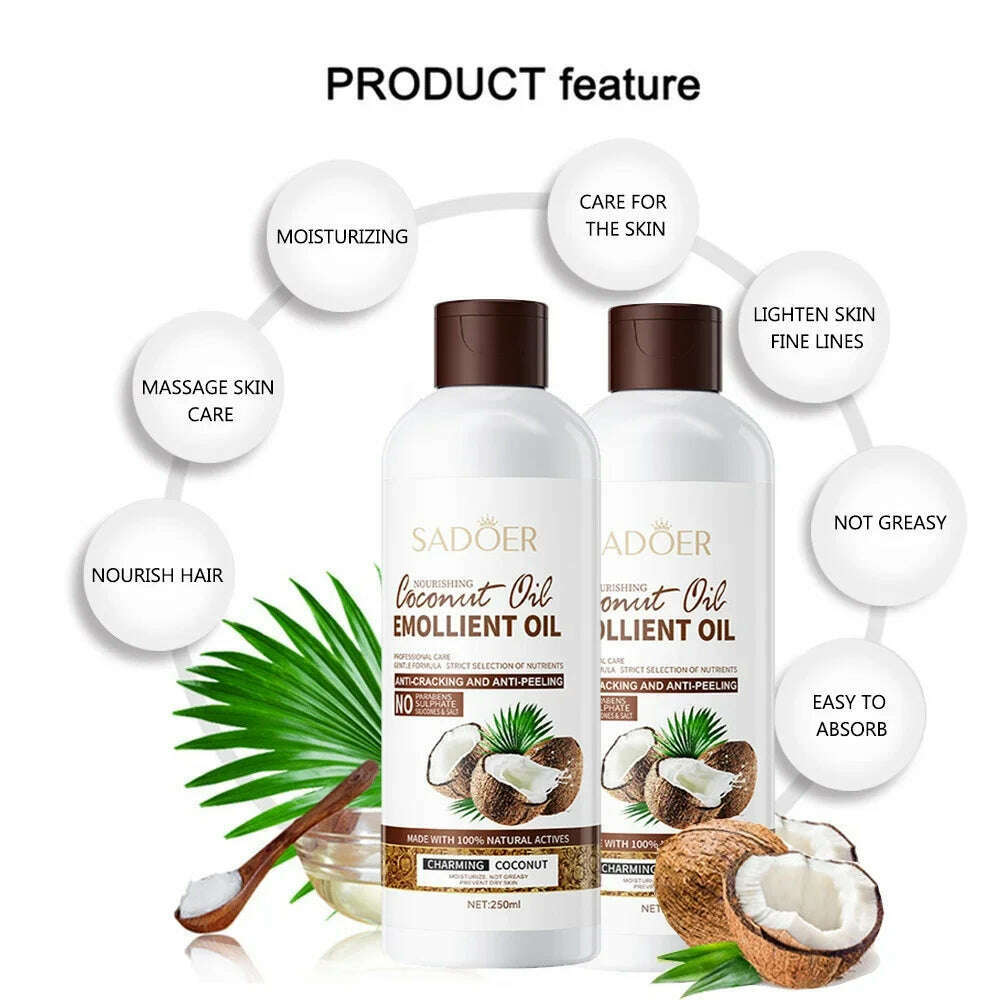 250ml Coconut Sooth Dry Skin Lighten Fine Lines Face Massage Oil Nourishes Hair Removes Frizz Hair Care Oil Firming Body Oil - KIMLUD