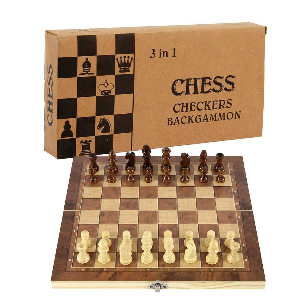 3 in 1 Chess Board, Folding Wooden Portable Chess Game Board, Wooden Chess Board for Adults(Chess + Checkers and Backgammon) - KIMLUD
