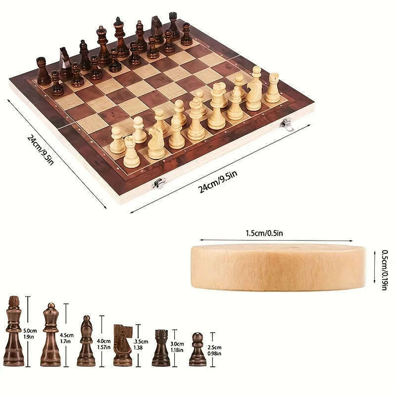 3 in 1 Chess Board, Folding Wooden Portable Chess Game Board, Wooden Chess Board for Adults(Chess + Checkers and Backgammon) - KIMLUD