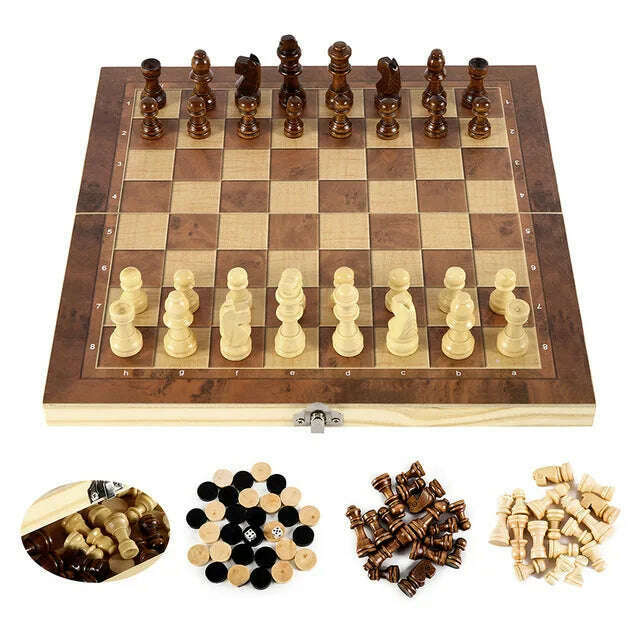 3 in 1 Chess Board, Folding Wooden Portable Chess Game Board, Wooden Chess Board for Adults(Chess + Checkers and Backgammon) - KIMLUD