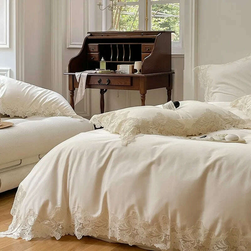 4/7Pcs French Romantic Wedding Chic White Lace Bedding Set 1000TC Egyptian Cotton Ultra Soft Duvet Cover Bed Sheet Pillowcases - KIMLUD