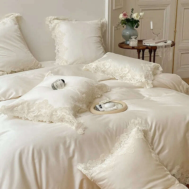 4/7Pcs French Romantic Wedding Chic White Lace Bedding Set 1000TC Egyptian Cotton Ultra Soft Duvet Cover Bed Sheet Pillowcases - KIMLUD